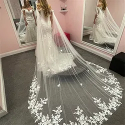 White Ivory Wedding Accessories Lace Appliques Bridal Shoulder Veil Cathedral Tulle Long Cape Cloak Shawl WED Cape Veil