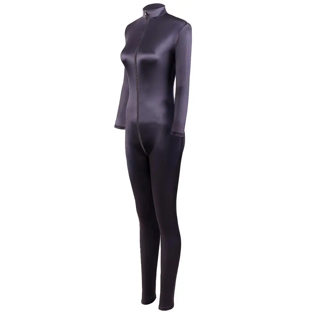 น้ำมันเงางาม Rompers WOMENS Jumpsuit แขนยาวซิปเปิด Crotch Bodysuit เซ็กซี่ Bodystocking Catsuit Body Sculpting ชุด