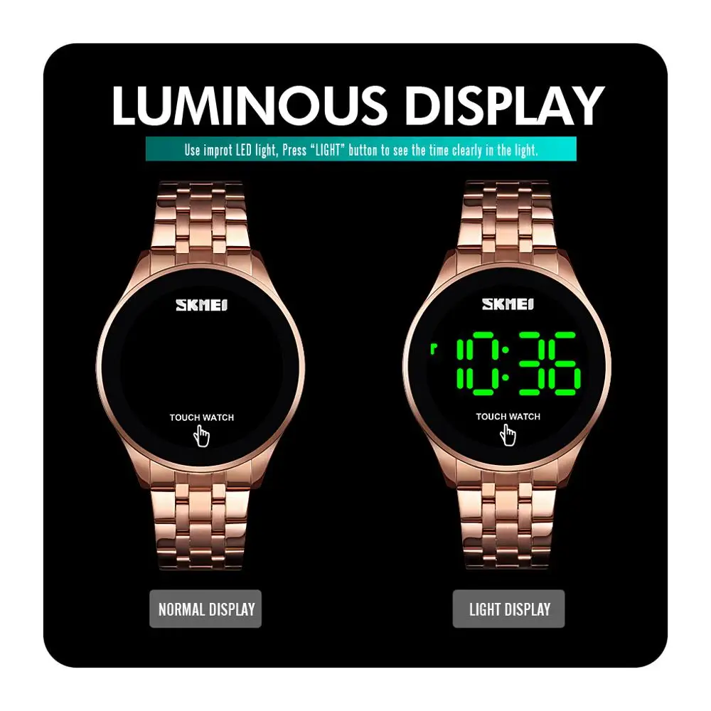 SKMEI Fashion Touch Screen LED Light Display 30M Waterproof Stainless Steel Strap Simple Men Digital Watch Relojes para hombres