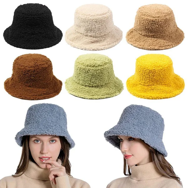 2021 Lamb Wool Faux Fur Bucket Hat Winter Warm Teddy Velvet Hats for Women Lady Thicken Bob Panama Outdoor Fisherman Hat Caps