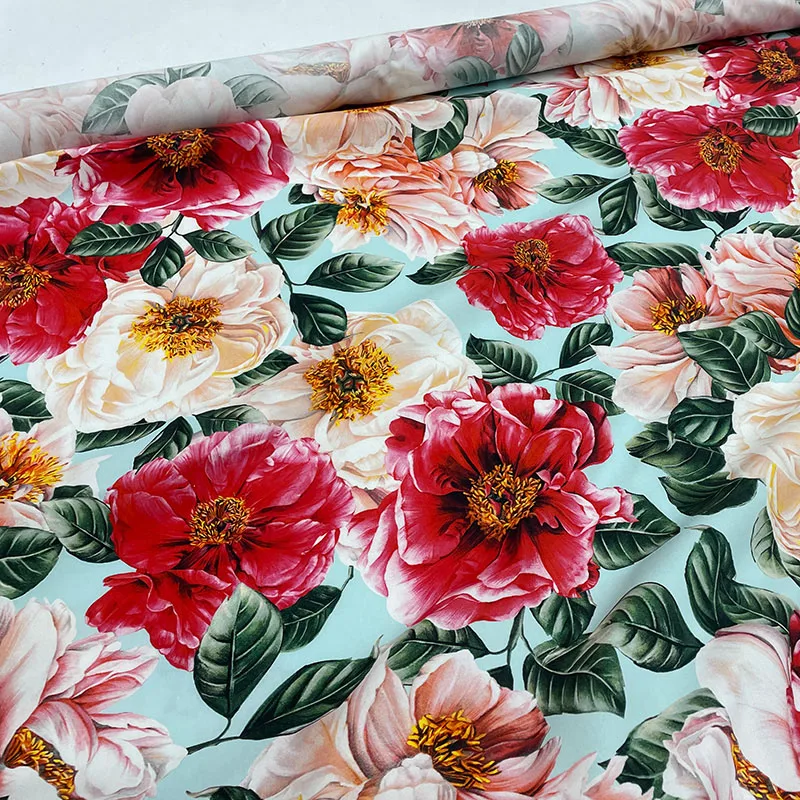 Fashion Show Colorful Rose Flower Printed Cotton Or Imitate Silk Satin Fabric For Sewing Woman's Dress Blouse DIY Cloth Fabric