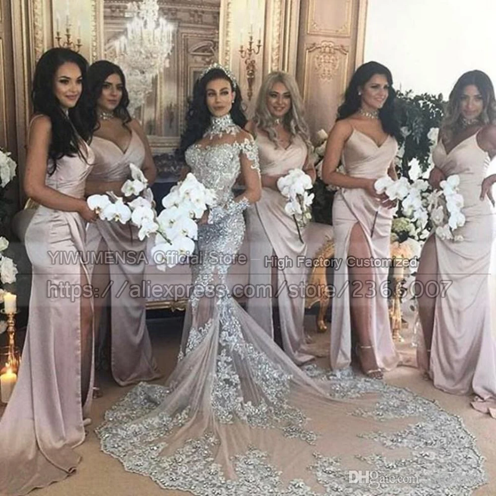 Gaun Pengantin Panjang Putri Duyung Leher Tinggi Champagnes Tulle Ilusi Tipis Gaun Pengantin Manik-manik Bling Berkilau Mewah Arab Saudi 2021