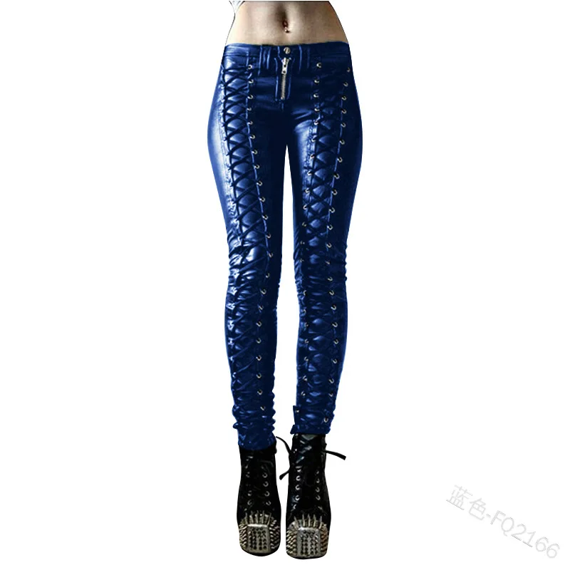 Steampunk Women Faux Leather Pants Carnival Party Skinny Button Trousers Rock Cool Long Pants Streetwear Black/Red S-5XL