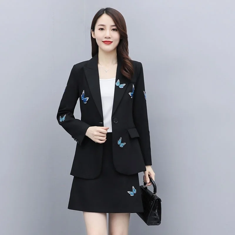 Embroidery Women Blazer Set Spring Autumn New Elegant Office Lady Single Button Suit Jacket Short Wrap Skirts 2 Piece Set