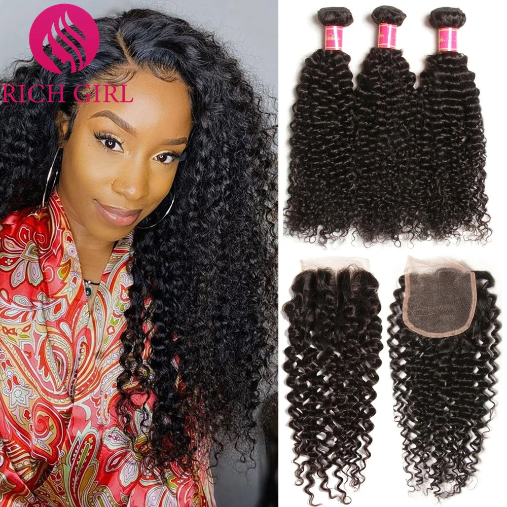 Richgirl Brazilian Kinky Curly Hair Bundles With 4X4 Lace Closure Remy Human Hair Bundles With Closure 3 Bundles With Closure