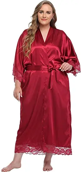 Womens Nightdress Sexy Long LaceLingerie Bath Robe Gown Imitation Ice Silk Nightdress Solid Color Nightgown Nightwear