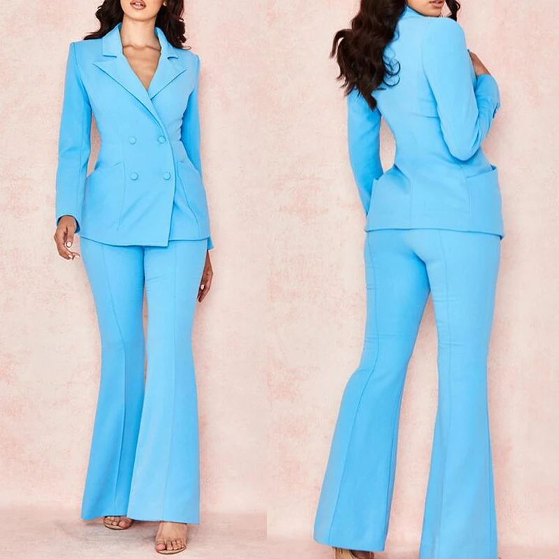 

Double Breasted Women Suits Peaked Lapel Blue Jacket Flare Pants Custom Made Party Prom Blazer