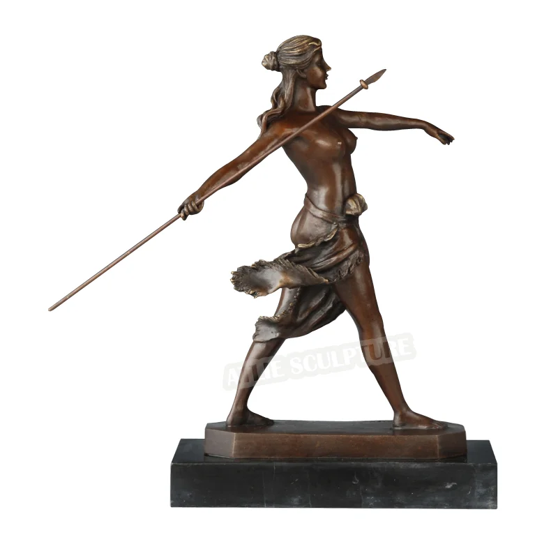 Bronze Statue Nude Woman with Spear Sculpture Antique Naked Female Art Marble Base Gorgeous Decoration