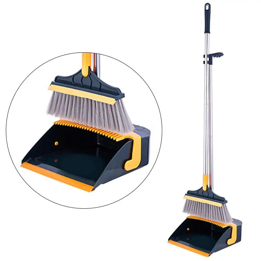 Adjustable Floor Broom And Garbage Container Set Soft Hair Broom And Dustpan Set Folding Scraper For Household Dustless Cleaning