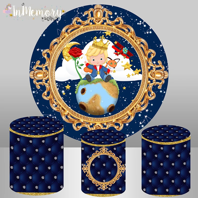 Royal Little Prince Round Backdrops Cover Gold Crown Baby Boy First Birthday Cake Table Banner Party Decor Circle Background