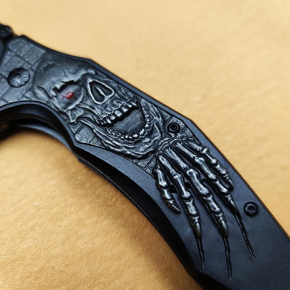 Tactical Survival Collection Skull Engrave Fold Blade Knife, Military Punk Utility Knifes