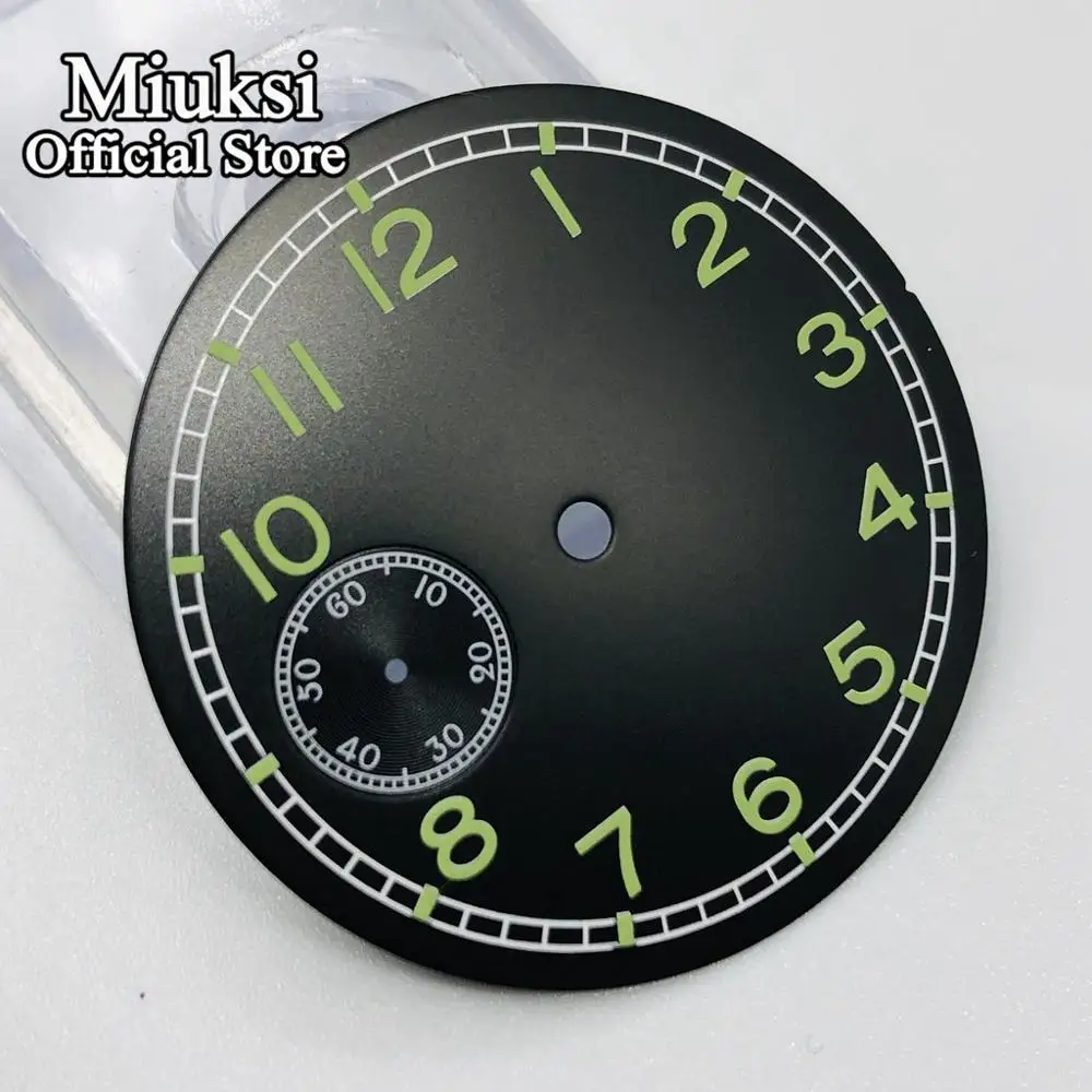 Miuksi 38.8mm black watch dial luminous dial fit ETA 6497 3600 series movement
