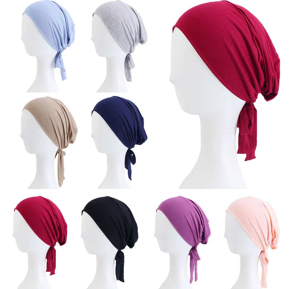 

Underscarf Turban Women Muslim Hijab Under Scarf Ninja Cap Chemo Hat Bonnet Lace Up Back Hair Loss Bone Beanies Headwear Wrap