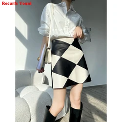 RYS2109 Winter 2024 Women Casual Romantic Bright Black And White Diamond Check Short Skirt Female A-line Real Leather Mini Saia