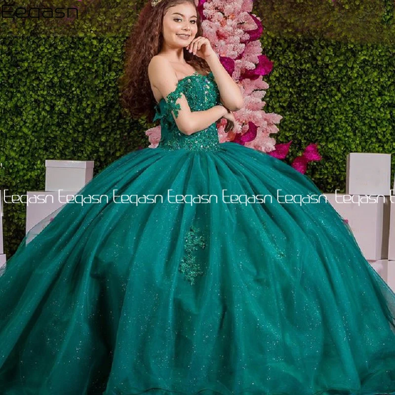 Vestido de quinceañera de tul verde para niña, traje de quinceañera con apliques de cristal con cuentas, escote Corazón, vestido de desfile, vestido de cumpleaños para niña mexicana