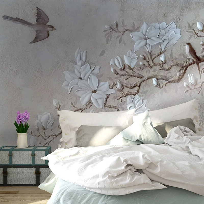 Custom Any Size Photo Wallpaper Modern Pastoral 3D Embossed Flowers Birds Mural Wall Paper Living Room Bedroom Papel De Parede