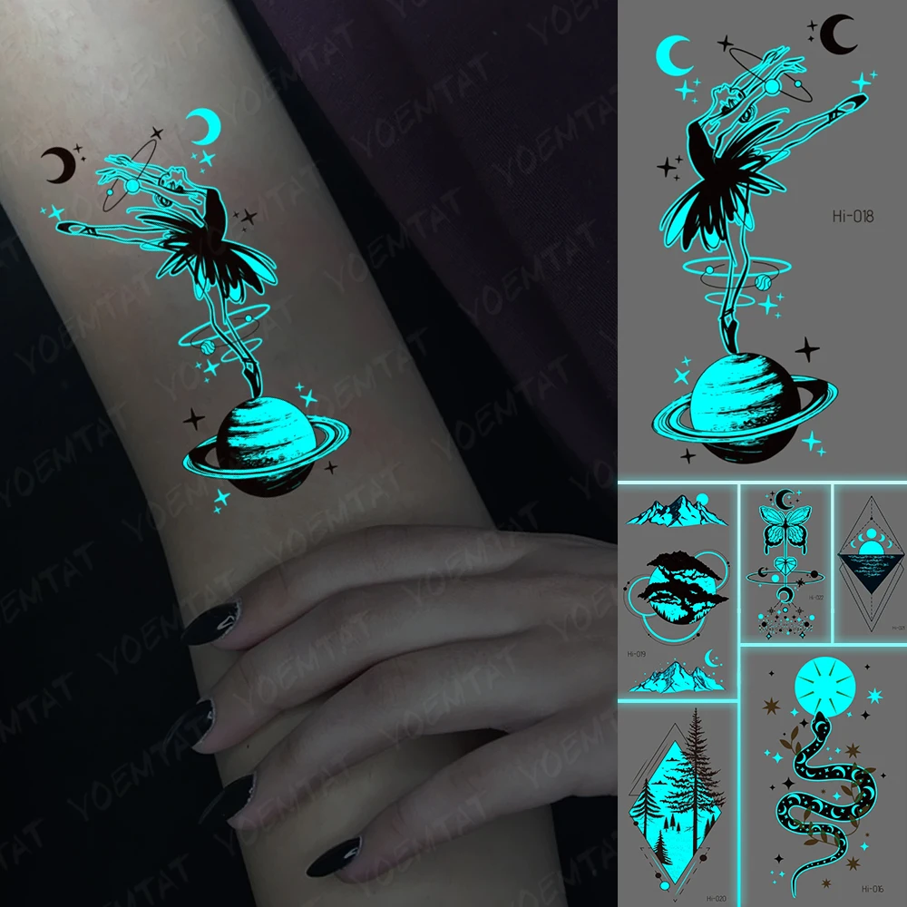 

Luminous Tattoos Adult Women Wen Dancing Girls Earth Moon Feather Butterfly Waterproof Temporary Tattoo Sticker Body Night Tatto