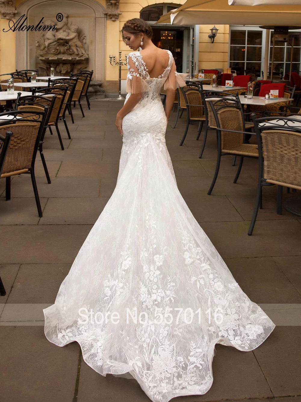 Alonlivn Puffy Sleeves V-Neck Unique Embroidery Lace Appliques Beading Pearls Mermaid Wedding Dresses