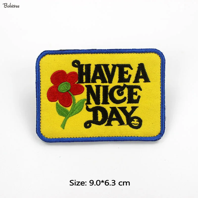 Yellow Hook Loop Patches Emblem Have a Nice Day Flower Badge Embroidery Stickers For Uniform Backpack Decoration