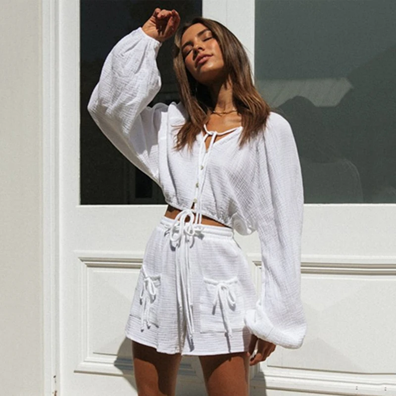 Ardm Casual V Neck With Button Two Piece Set Women Loose Crop Top Lace Up With Pockets Short Loungewear Women Summer 2021 New