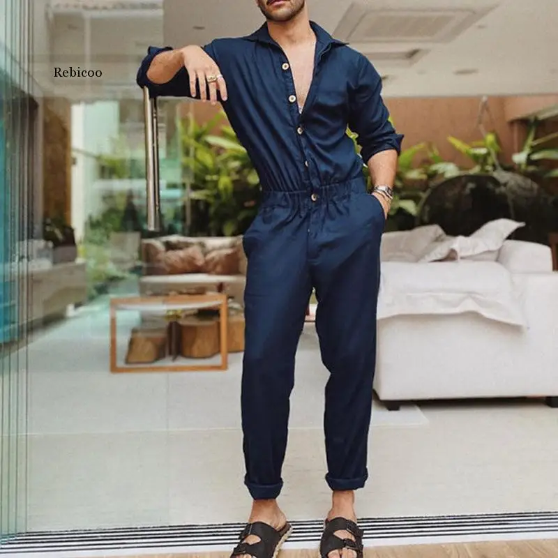 Men S Overalls Long Pants Fashion Casual Button Jumpsuit Solid Color Turn-Down Collar Long Sleeve Playsuits Romper for Male