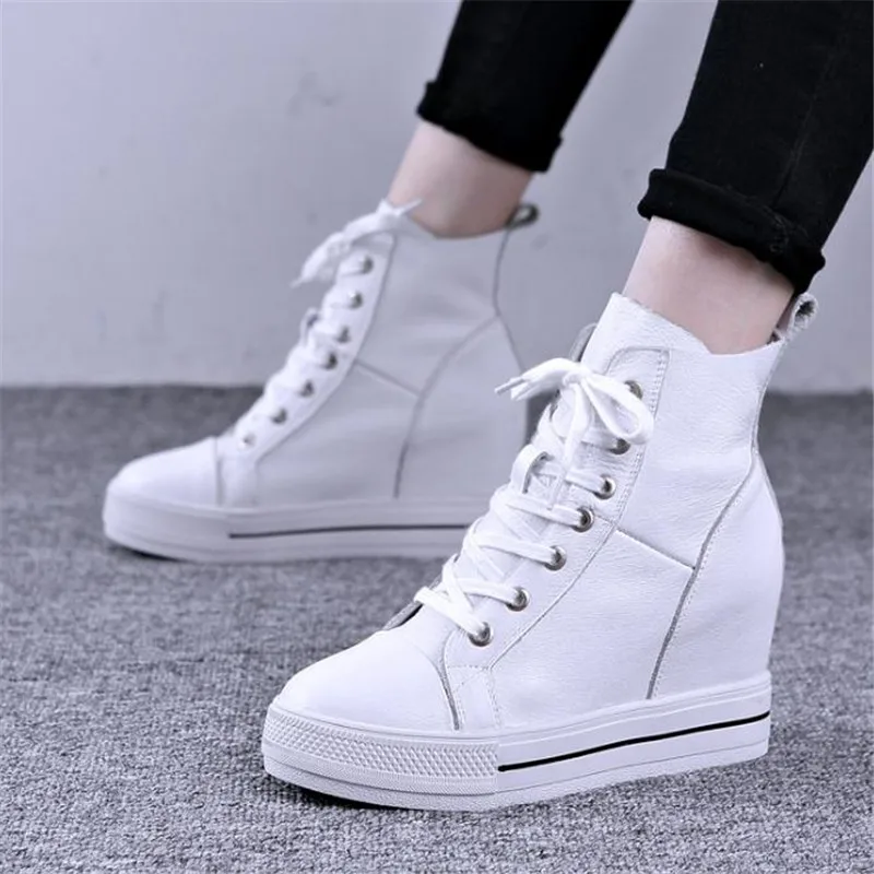 Autumn Winter Lace-up  zipper High-top Genuine Leather Shoes Women Sneakers Shoes High Heels Increase Within Wedges Casual Shoes