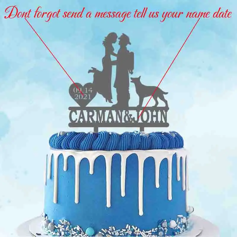 Personalized Firefighter Wedding Cake Topper Custom Name Date Firefighter Groom Bride and Dog Wedding Cake Decoration Topper