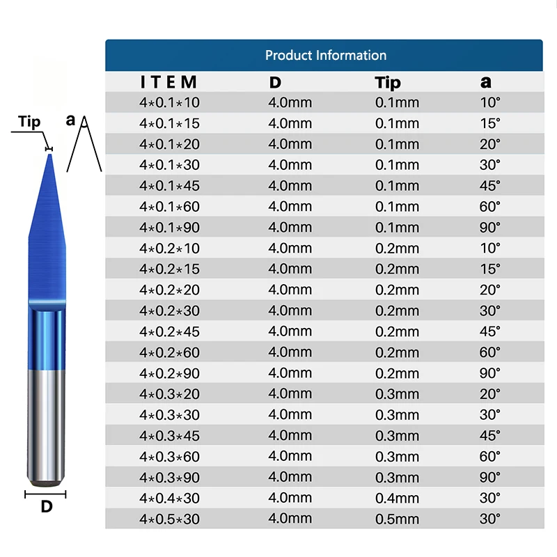 4mm Shank PCB Engraving Bits 10-90 Degrees V Shape Carbide End Mill Flat Bottom 3D Milling Cutter CNC Router Tool