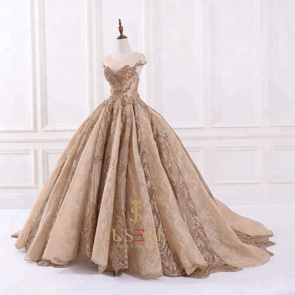 ราคาแพงสีทอง Puffy Ball Gown สไตล์อาหรับ Jusere จริงหรูหรา Ball Gown เลื่อมชุดราตรี2021