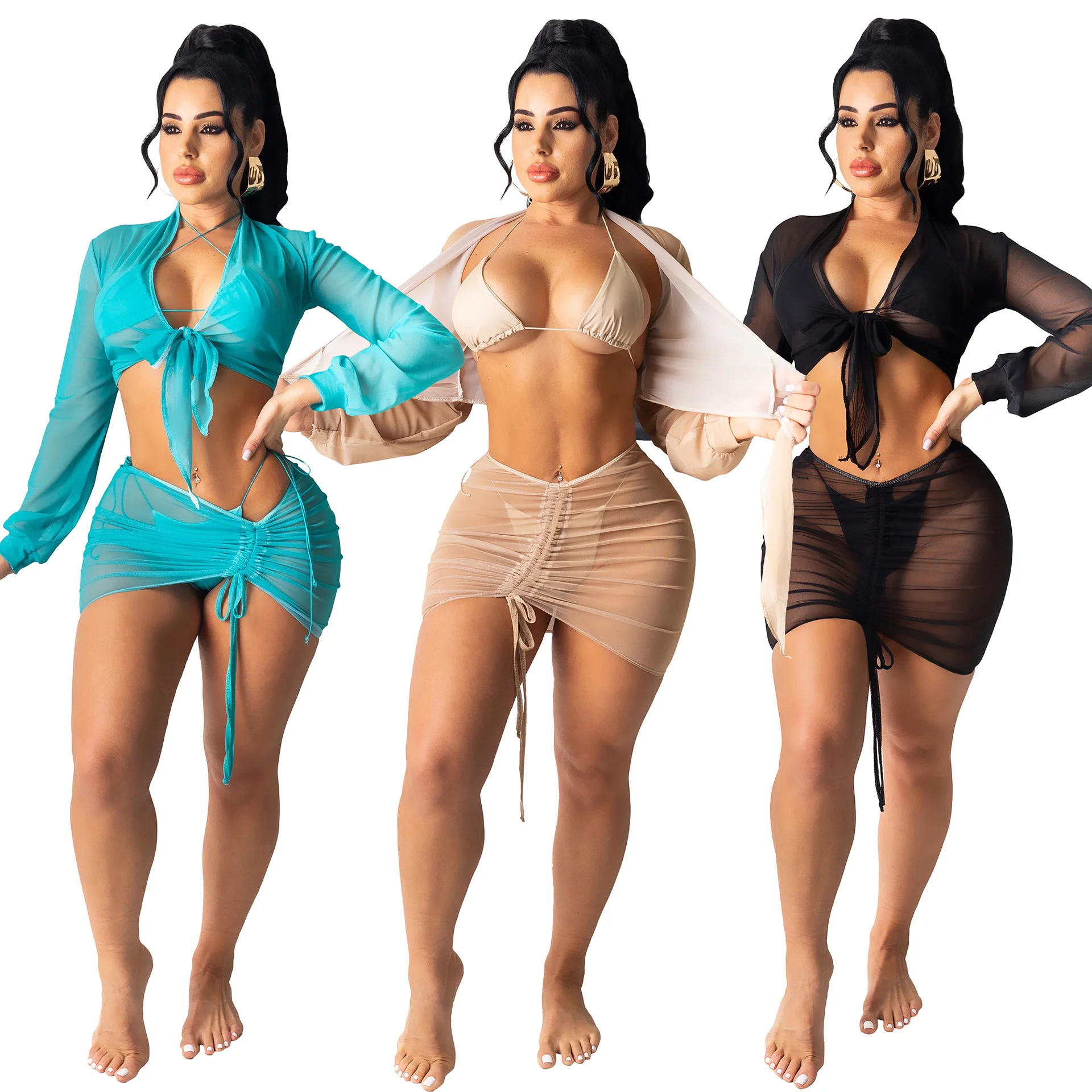 Adogirl Cover-ups Women 3 Piece Set Mesh Crop Coat Sexy Bra and Stacked Skirts Holiday Beachwear 2021 Summer Bikini Suit Sets