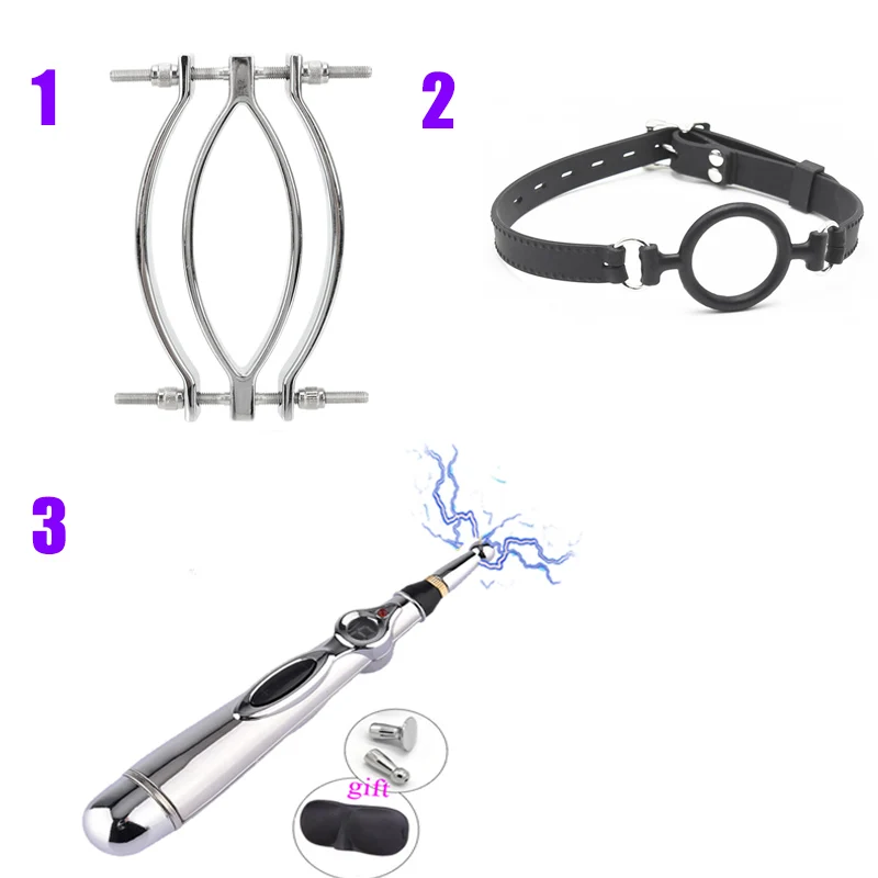 Electric Shock Vagina Pen Labia Clips Nipple Clamp Bdsm Bondage Clit Stimulator Set Restraint Strap Mouth Gag Vibrator Sex Toys