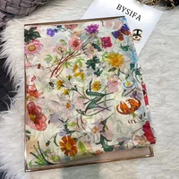 white100% Silk Scarf Women Scarves Bufandas Summer Beach Shawls Foulard Fall Winter Brand Flower Design Long Neck Scarves Hijabs - Image 3
