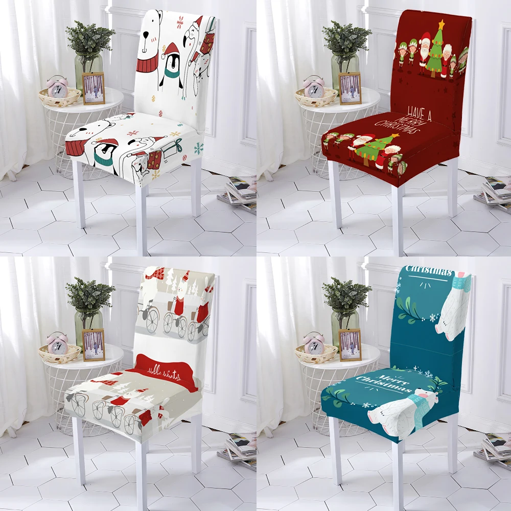 The Bear Christmas  1/2/4/6Pcs Chair Cover   Stretch Dinner Room Anti-Dirty Seat Case Kitchen 1Pc High Living Spandex Chair Slip