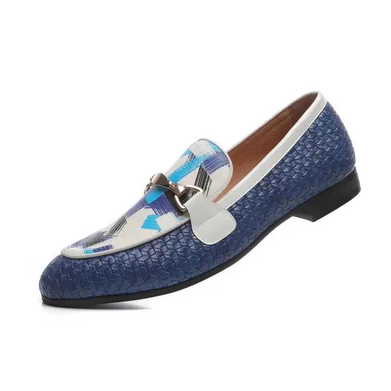 XQWFH 2021 Blue Woven Leather Men Smoking Slippers Fashion Metal Buckle Men's Handmade Loafers For Wedding And Party Plus Size