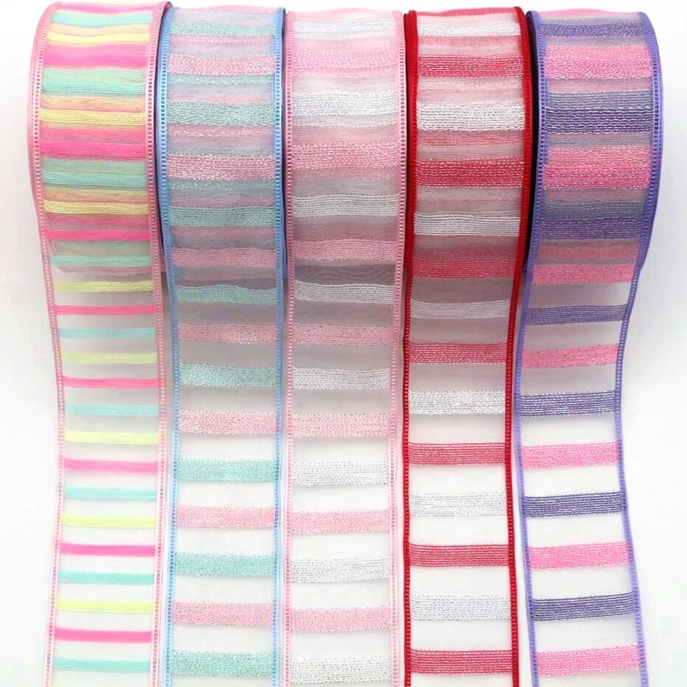 

20 Yards 38MM Rainbow Yarn Colorful Horizontal Stripes Silver Wire Ribbons Hair Bows DIY Crafts Handmade Accessories Gift Wrappi
