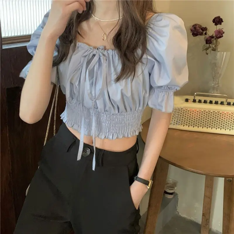 Off Shoulder Lace Up Bow Crop Top Blouse Women Summer Shirring Puff Short Sleeve Female Shirts Sweet Ruffle Tunic Korean Fashion