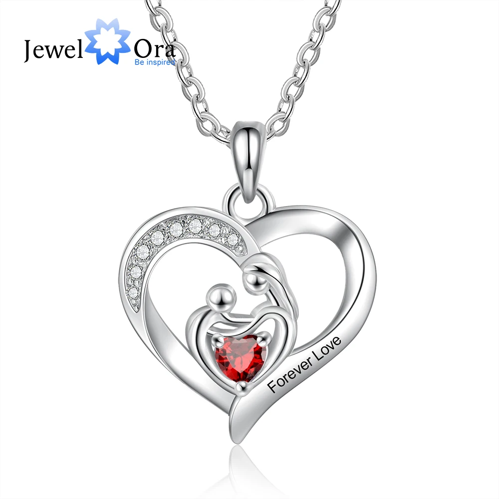 

JewelOra Personalized Mom Baby Heart Pendant Necklace with Birthstone Customized Name Engraved Necklaces Gifts for Mothers