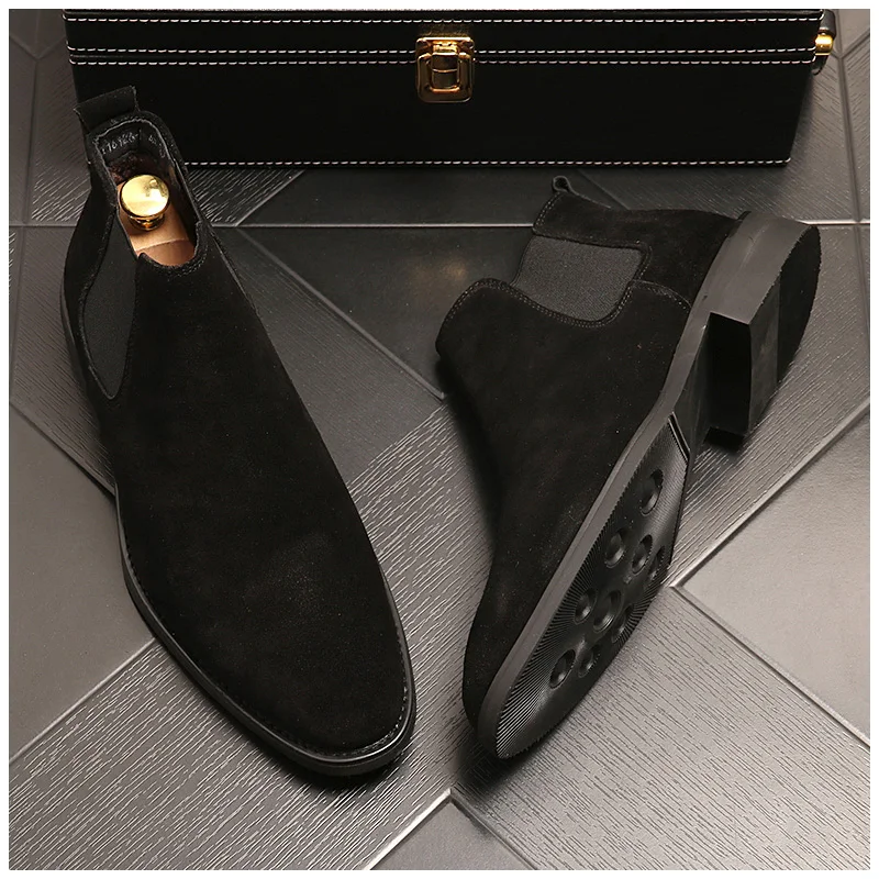Korean style mens casual chelsea boots slip-on cow suede leather shoes cowboy ankle boot youth street short botas hombre zapatos