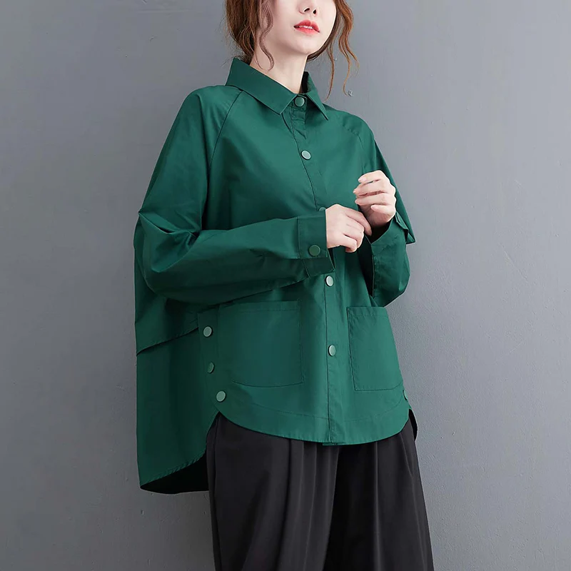 Patchwork Button Pocket Green Oversized Blouse Women New Long Sleeve Loose Casual Shirt Tops Fashion Clothes Spring Autumn 2024