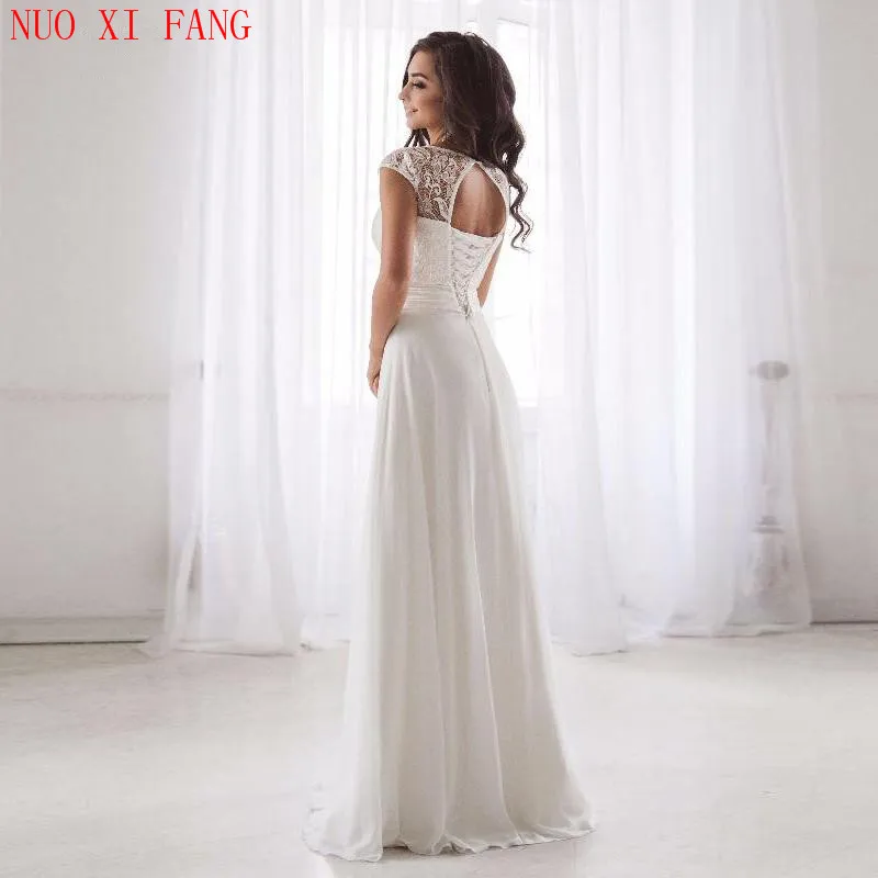 2022 Scoop Neck Lace Wedding Dresses Sleeveless Pleats Belt Chiffon Beach Wedding Bridal Gown Robe De Soiree Open Back Casamento