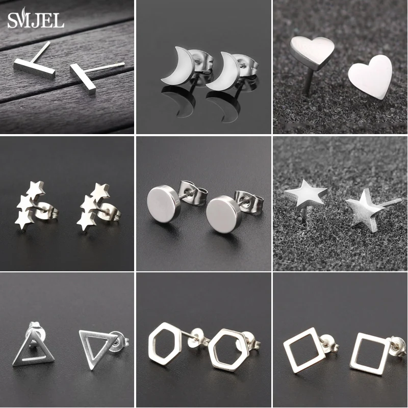 SMJEL Fashion Punk Geometric Earrings Small Black Stainless Steel Circle Hexagon Bar Triangle Stud Earring Bijoux men Women Gift