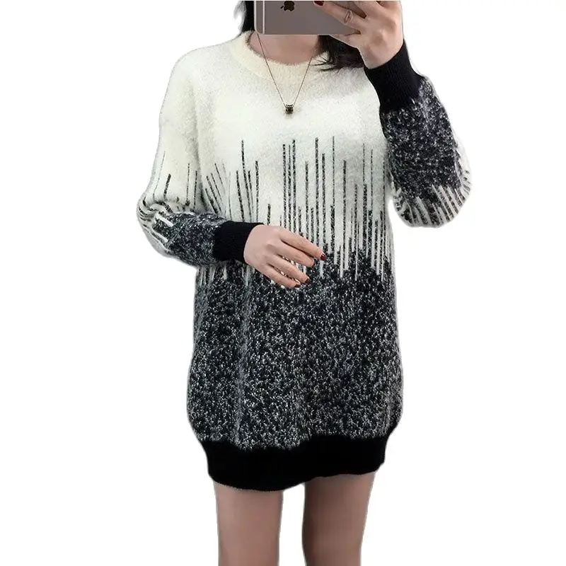 Imitation Mink Velvet Knitted Sweater For Women Fashion Autumn Winter Mid-Length Pullover Sweater Loose Thickened Bottom Dress