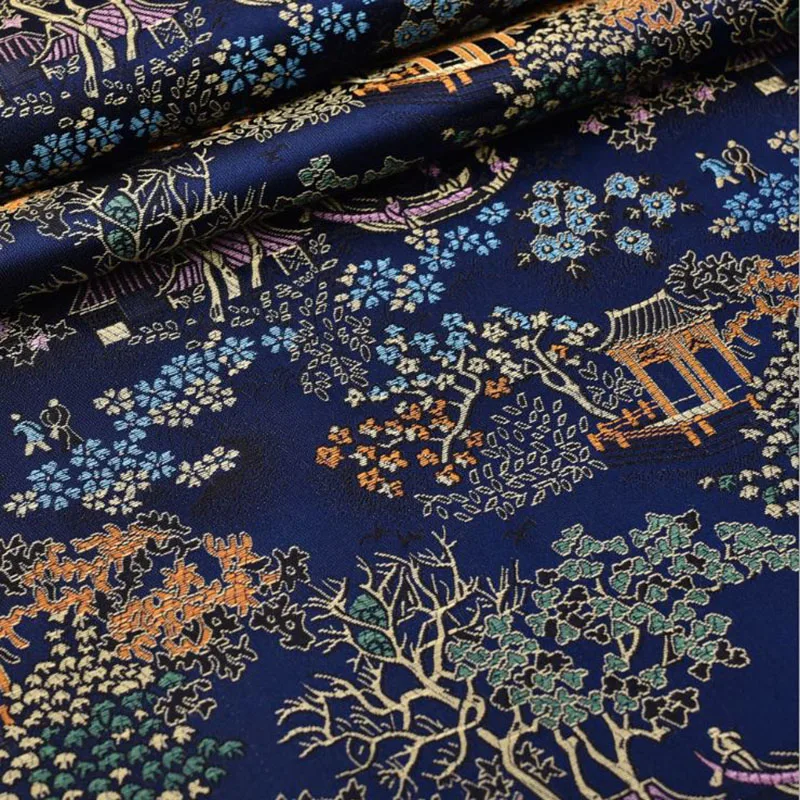 Deep blue Japanese style jacquard damask fabric for coat curtain table cloth sofa cushion upholstery patchwork DIY cloth