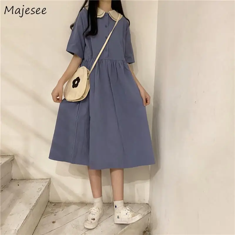 Short Sleeve Dress Women Peter Pan Collar Single Breasted Korean Sweet Style Cute Vintage Design Simple Loose Casual Slim Trendy