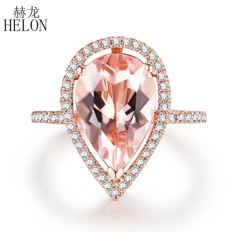 

HELON Solid 10K Rose Gold Flawless Pear Cut 8x12mm Genuine Natural Morganite Diamonds Engagement Wedding Ring Women Fine Jewelry