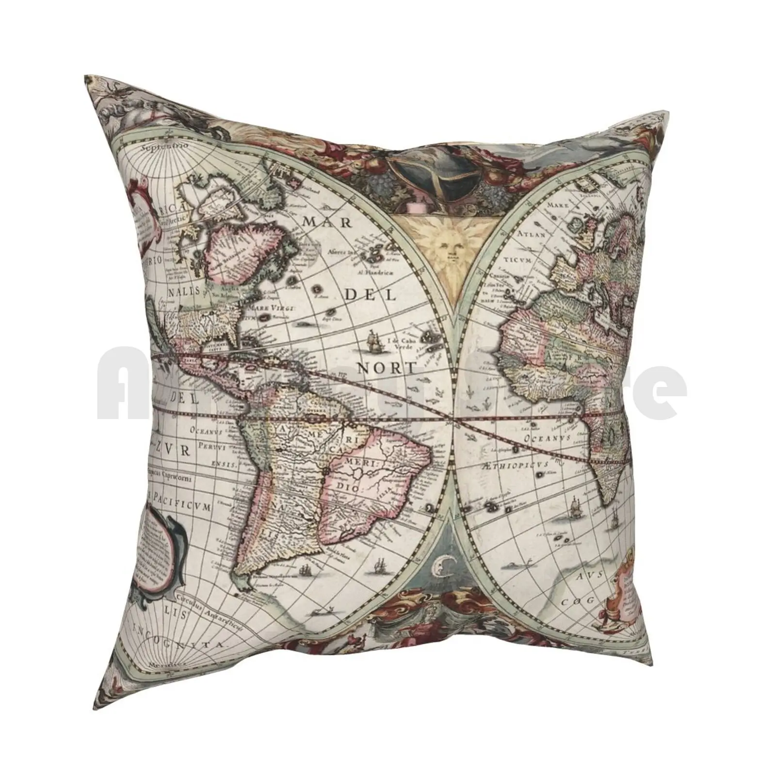 Vintage Maps Of The World. Geographic And Hydrographic Map Of The Whole World Pillow Case Printed Home Soft Throw Pillow