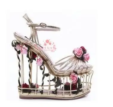 Woman Gold 3D Flower Embellished Cut-outs Bird Cage Wedges Sandals Female Thick Platform Strange Fretwork Heels Runway Shoes