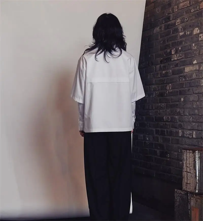 

Men's Long-Sleeve Shirt Spring And Autumn New Fake Two-Layer Design Double Sleeve Square Collar Loose Long-Sleeve Shirt