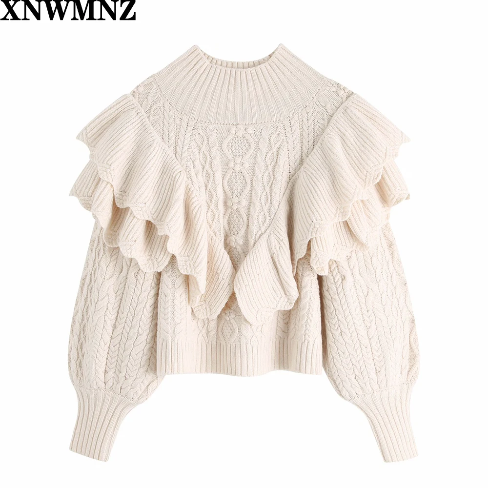 XNWMNZ 2024 Women Fashion Ruffled Cropped Knitted Sweater Vintage High Neck Lantern Sleeve Female Pullovers Chic Tops