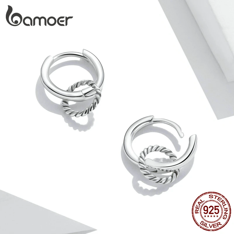 Bamoer 2021 Summer Simple Double Ring Ear Buckle Classic 925 Sterling Silver Ladies Earrings Elegant Birthday Jewelry GXE1199